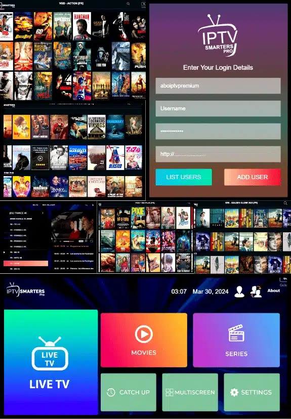 Interface IPTV Smarters Pro montrant l’écran de connexion et le menu principal avec Live TV, Films, Séries, Catch Up, Multiscreen et Paramètres