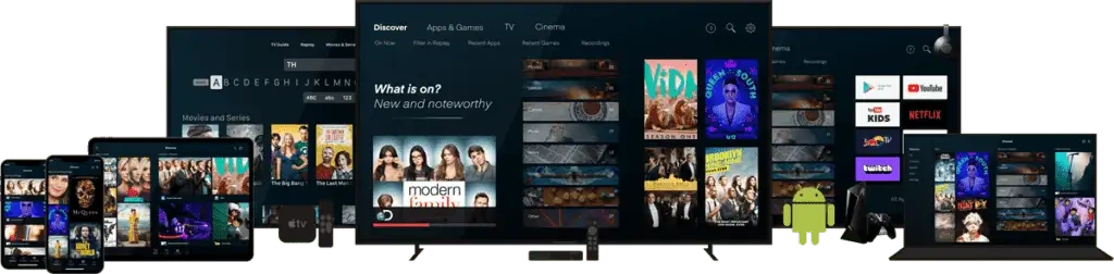 Interface IPTV multi-appareils : télévision, smartphone et tablette avec accès chaînes françaises, suisses et belges, films et séries en streaming HD et 4K sans coupure