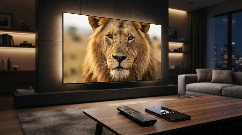Rendu 4K net sur Smart TV avec l’application VIPTV ouverte sur smartphone à côté de la télécommande
